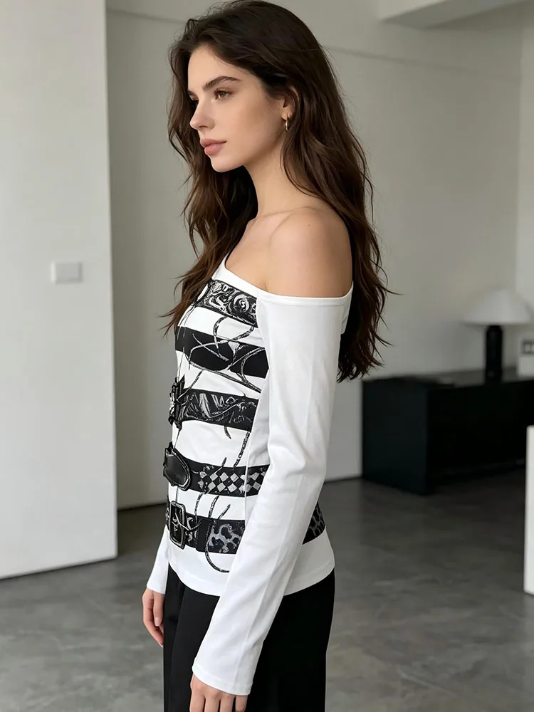 2026 European and American new slanted shoulder long sleeved top with printed waistband, slim fit women's T-shirt, street style - view 5
