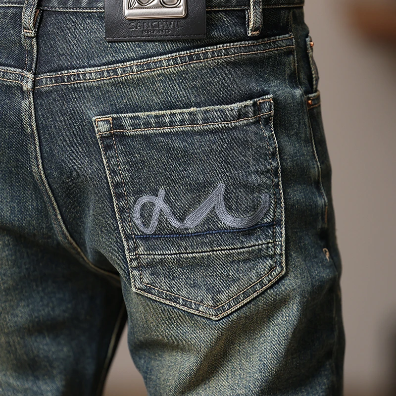 Newly Vintage Fashion Men Jeans High Quality Retro Washed Blue Stretch Slim Fit Ripped Jeans Men Embroidery Designer Denim Pants