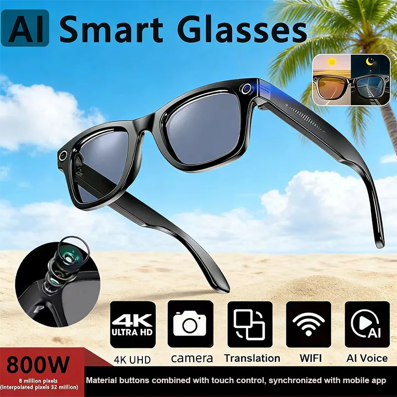 

2026 AI Smart Glasses with 8MP Camera Video Recording 100+ Languages Translation Sunglasses Bluetooth Call Music Play Men Women