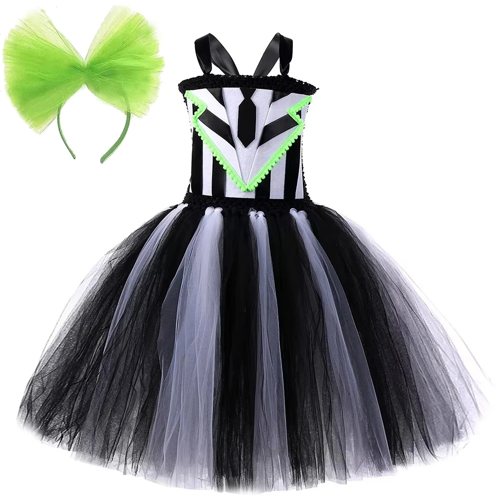 Spooky Striped Gothic Clown Princess Costume for Girls Halloween Carnival Tutu Dress Kids Party Outfit with Green Bow Headband