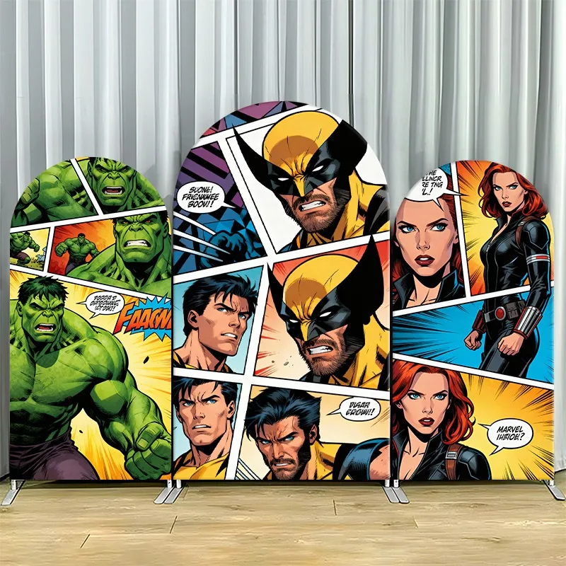 

Arch Backdrop Cover Single Side Marvel Superheroes Comic Hulk Wolverine Black Party Decoration Photo Booth Background Props