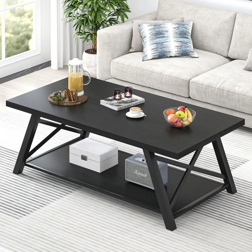 

Black Coffee Table, Modern Wood and Metal Center Table with Storage Shelf, Industrial Rectangle Cocktail Tea Table for Living R