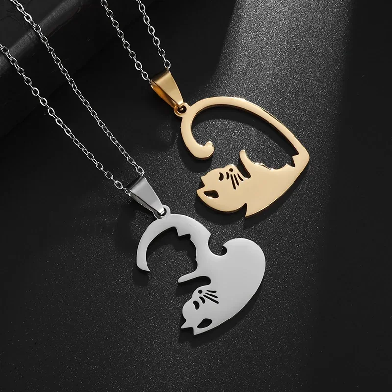 Stainless Steel Hug Cute Pet Cat Couple Pendant Necklace for Women Girls Fashion Exquisite Gift