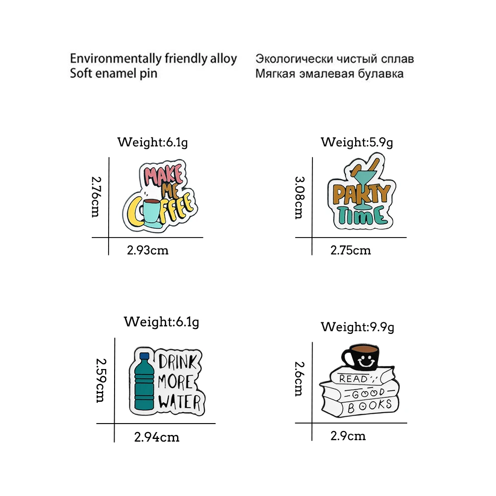 Drinking More Water Cartoon Brooch Make Me Coffee Party Time Enamel Pin Women Men Coat Lapel Pin Badges Jewelry Gift for Friend