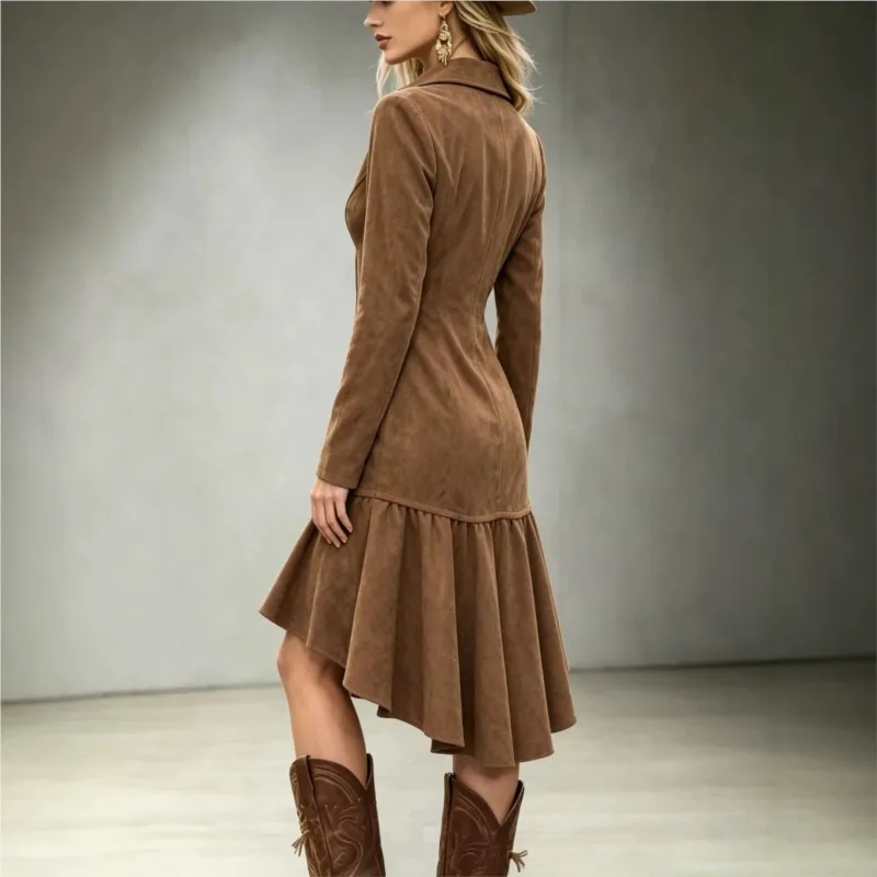 2026 New Autumn And Winter Women's Dress Solid Color Waist Cinched Irregular Lotus Leaf Hem Fashion Elegant Temperament Vestidos