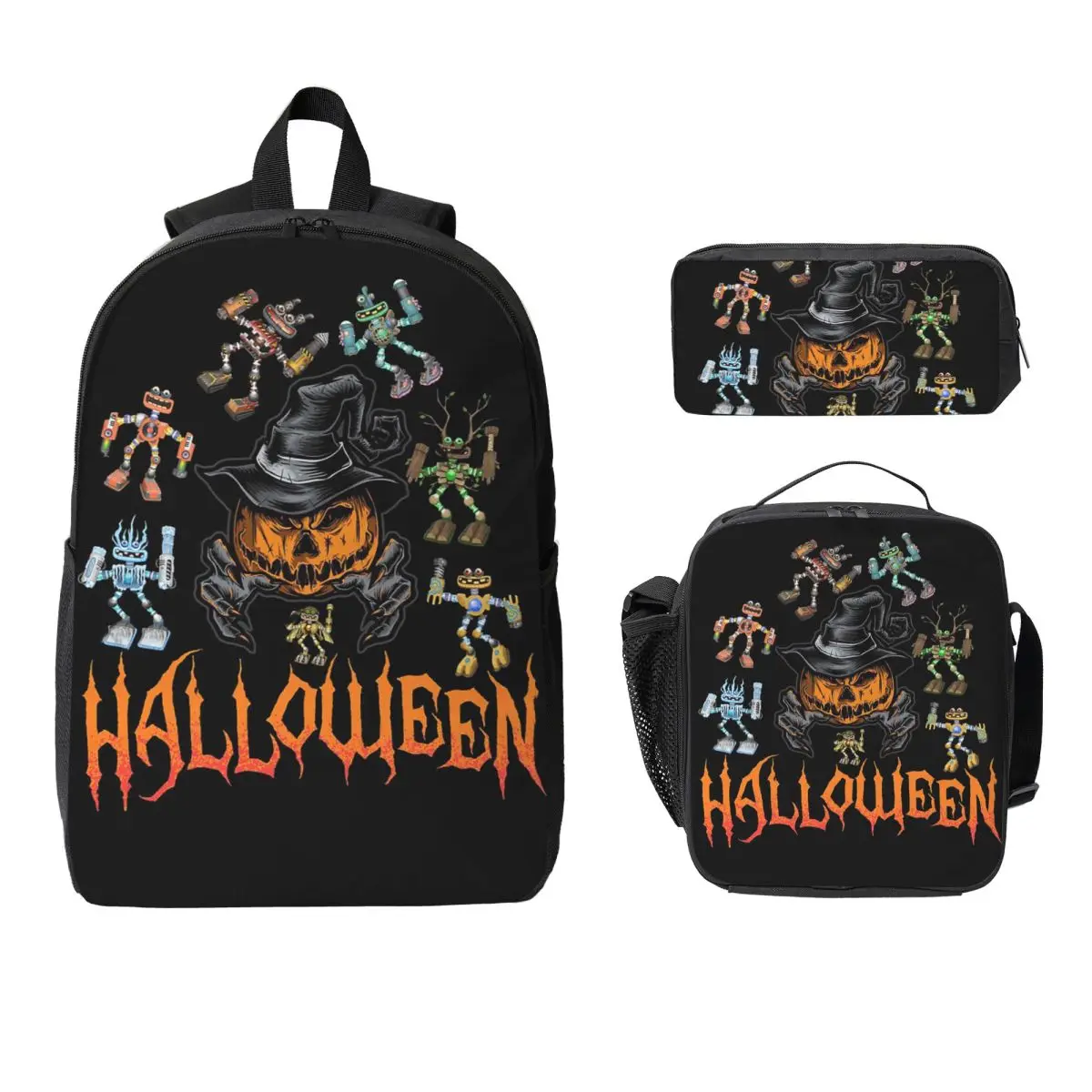 

Рюкзак Wubbox My Singing Monsters на Хэллоуин, сумка для книг для мальчиков и девочек, школьная сумка, сумки на плечо, изолированная сумка для обеда 3 шт., пенал