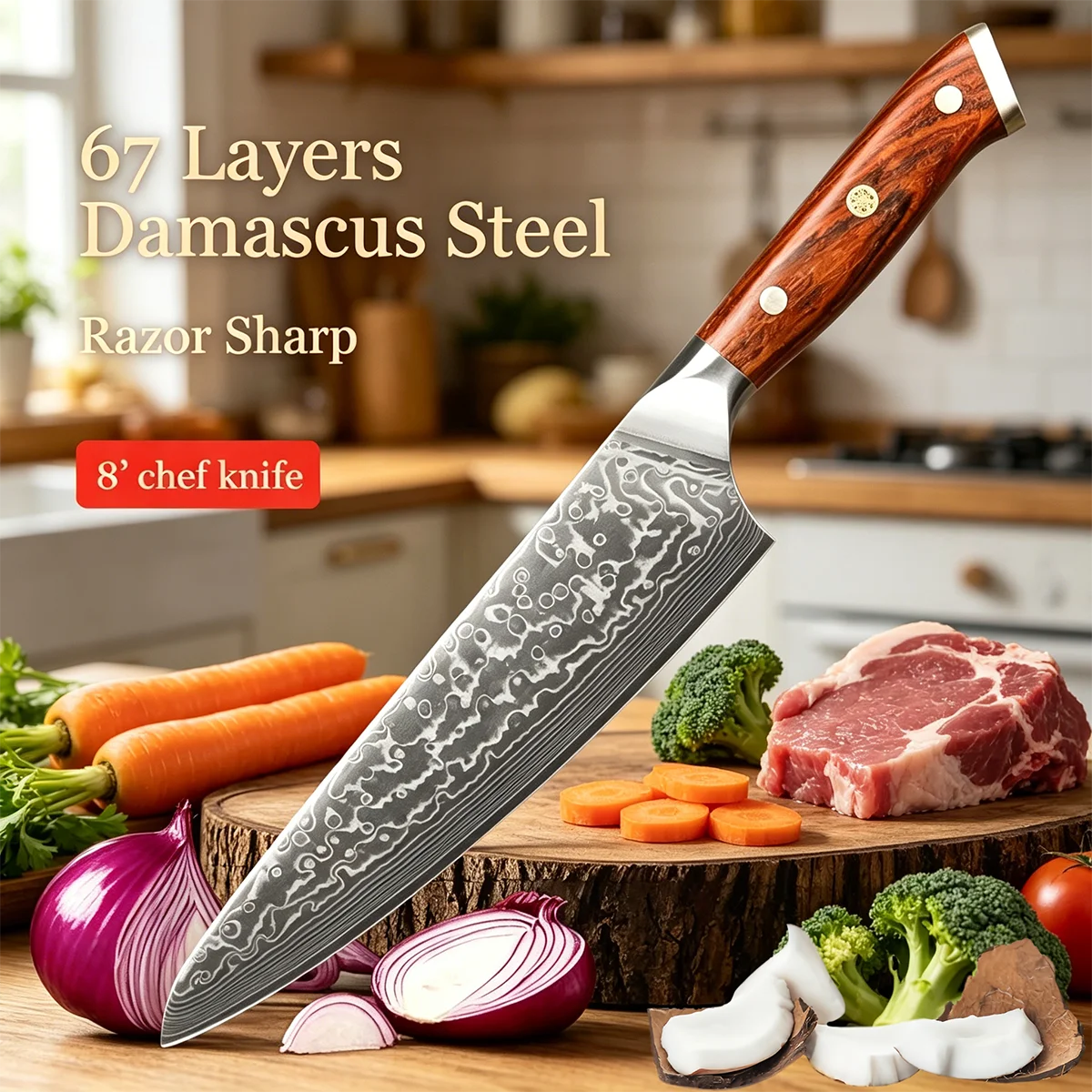 

Professional Japanese Forged Santoku Chef Knife Stainless Steel Damascus Construction with Rosewood Handle Kitchen Cook Cutter