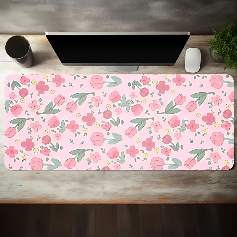 Pink Tulip Floral Extra Large Gaming Mouse Pad Non-Slip Rubber Desk Mat for Office and Computer Setup