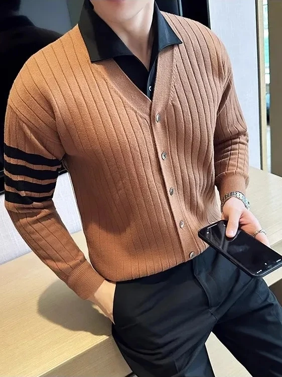 

Мужской приталенный вязаный кардиган на осень-зиму, роскошный повседневный топ с V-образным вырезом, длинными рукавами и узором в четыре полосы