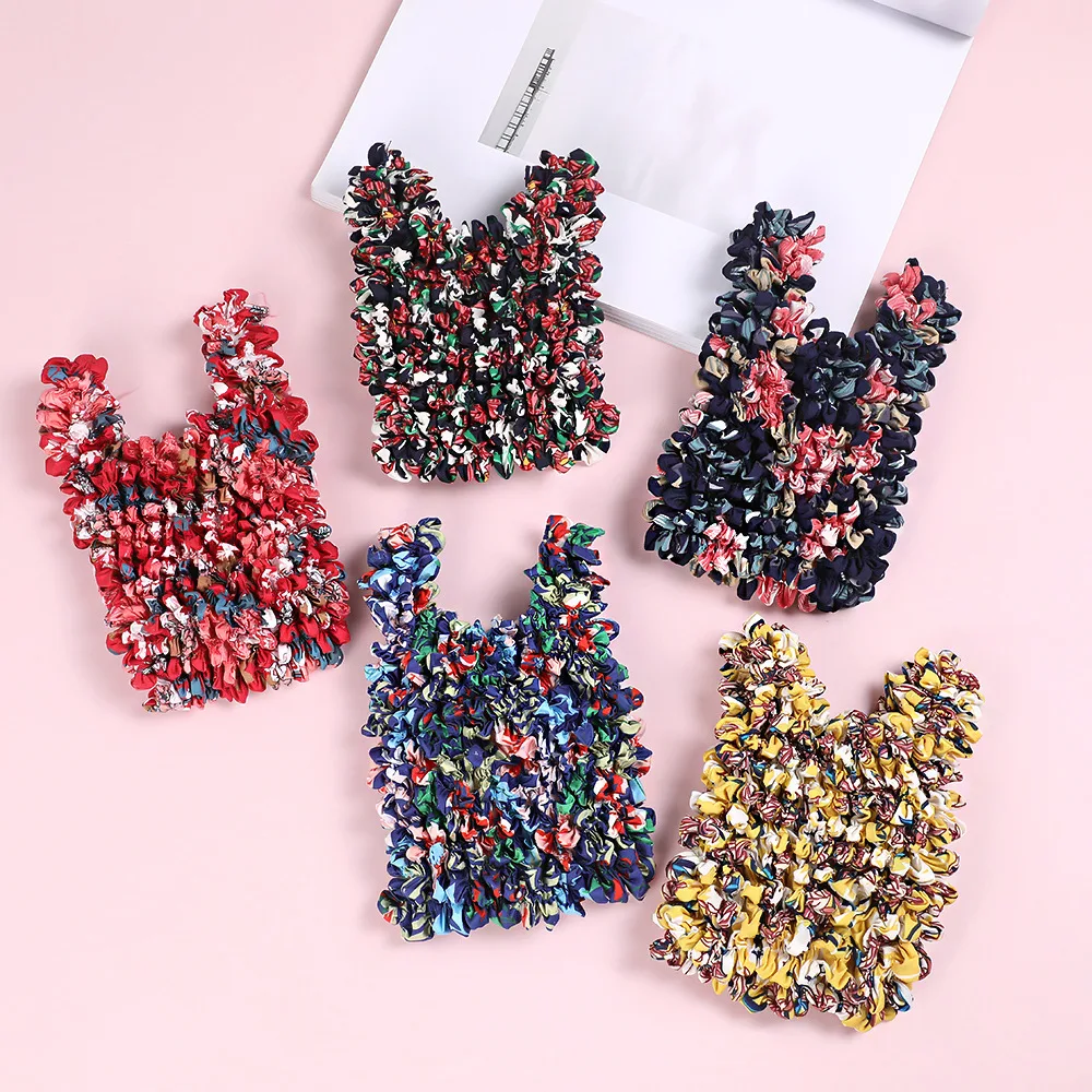 

Flower Printed High Elasticity Tote Bag Magic Ruched Shoulder Bag Bubble Wrist Bags for Women Handbags Mini Fold Shopper Purses