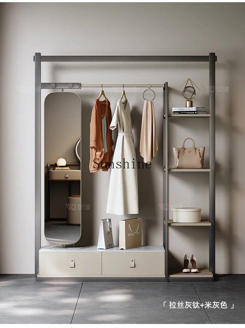 Italian minimalist coat rack, bedroom floor-to-ceiling rock slab storage, stainless steel hanger, full-length mirror integrated