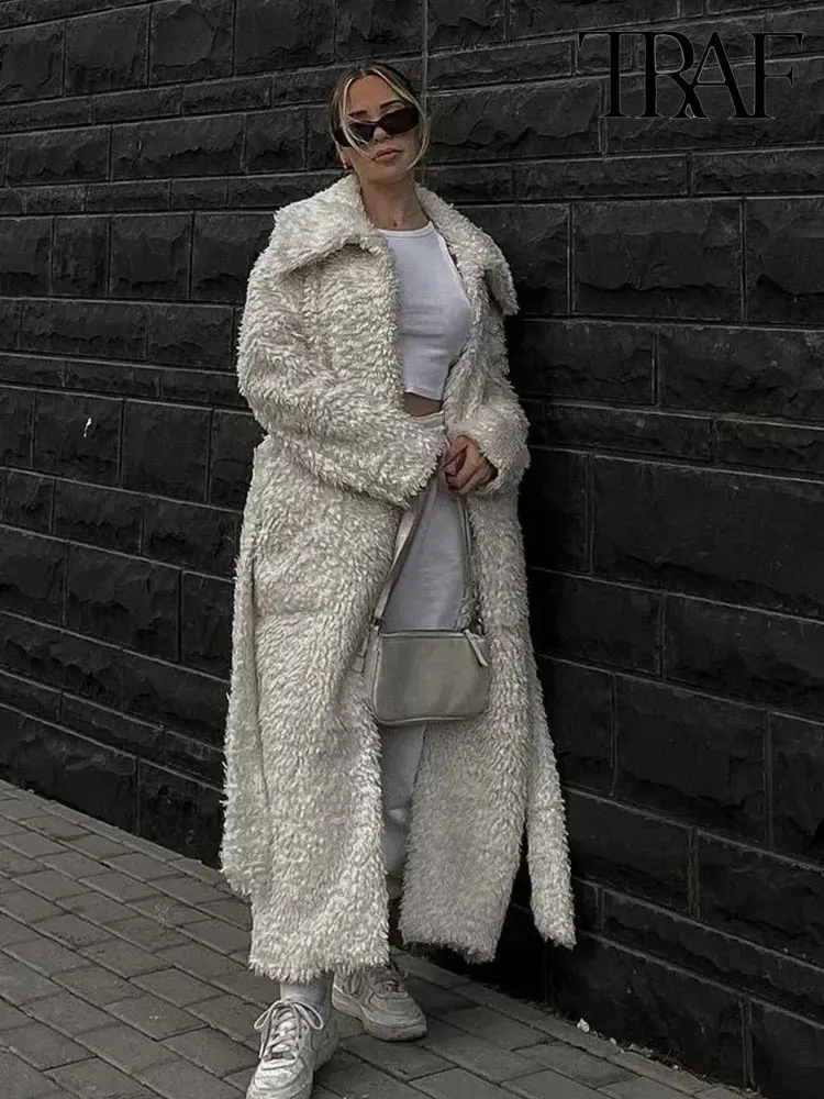 

Nlzgmsj TRAF 2023 Winter Long White Warm Oversized Faux Fur Coat Women with Hood Lapel Sashes Loose Korean Fashion Outerwear