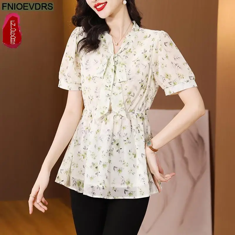 M-4XL 2023 Women Summer European Style Office Lady Drawstring Waist Bow Tie Floral Print Tunic Peplum Tops Blouses