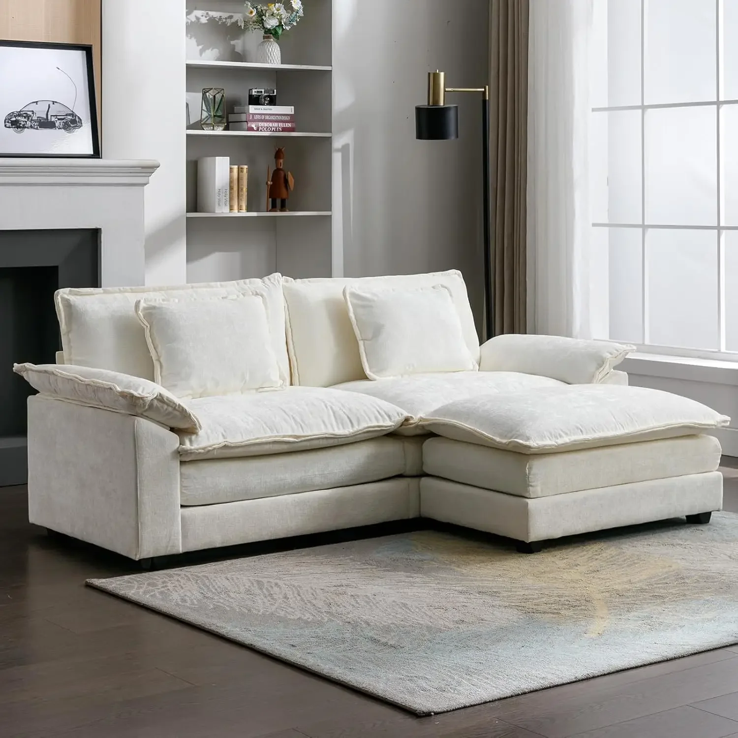 

Sectional Sofa Couch, Modern Chenille Sofa Sleeper Deep Seat Couches with Ottoman/Pillows for Living Room, White