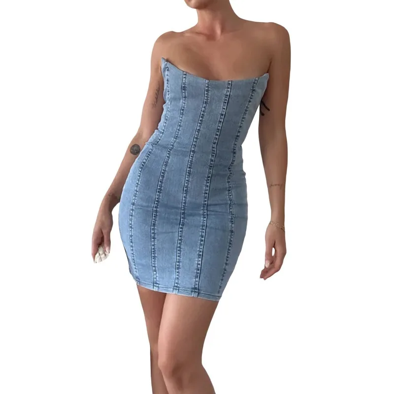 New Chest Protection Tube Top Splicing Hip-wrapped Denim Dresses Retro High Elastic Dress for Women