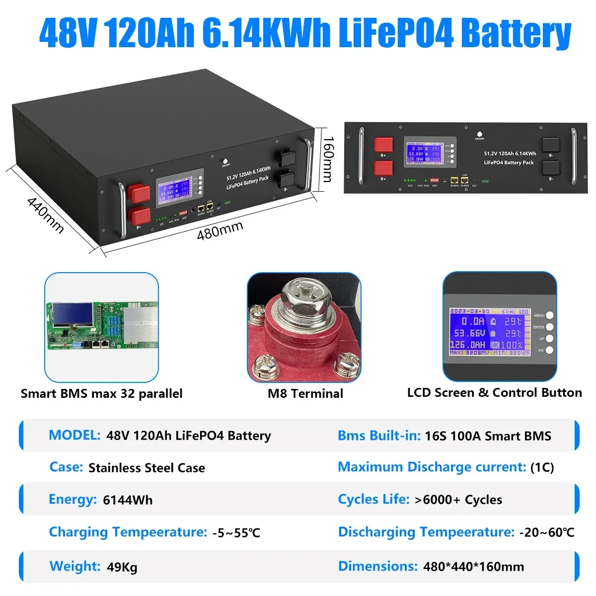 LiFePO4 48V 120Ah Battery Pack 6KWH 16S BMS Grade A 6000+ Cycles 51.2V 50Ah 120Ah 150Ah 200Ah 230Ah Lithium Battery EU TAX FREE