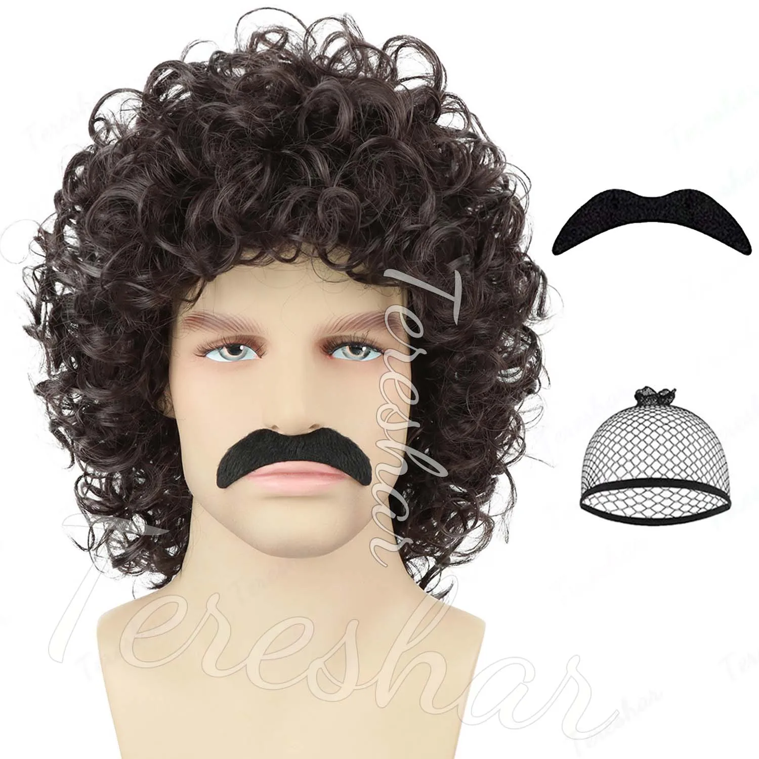 Synthetic 80s Men's Short Curly Brown Wig+Fake Mustache for Funny 70s Disco Wig,Nacho Libre Costumes Retro Halloween Events Wig