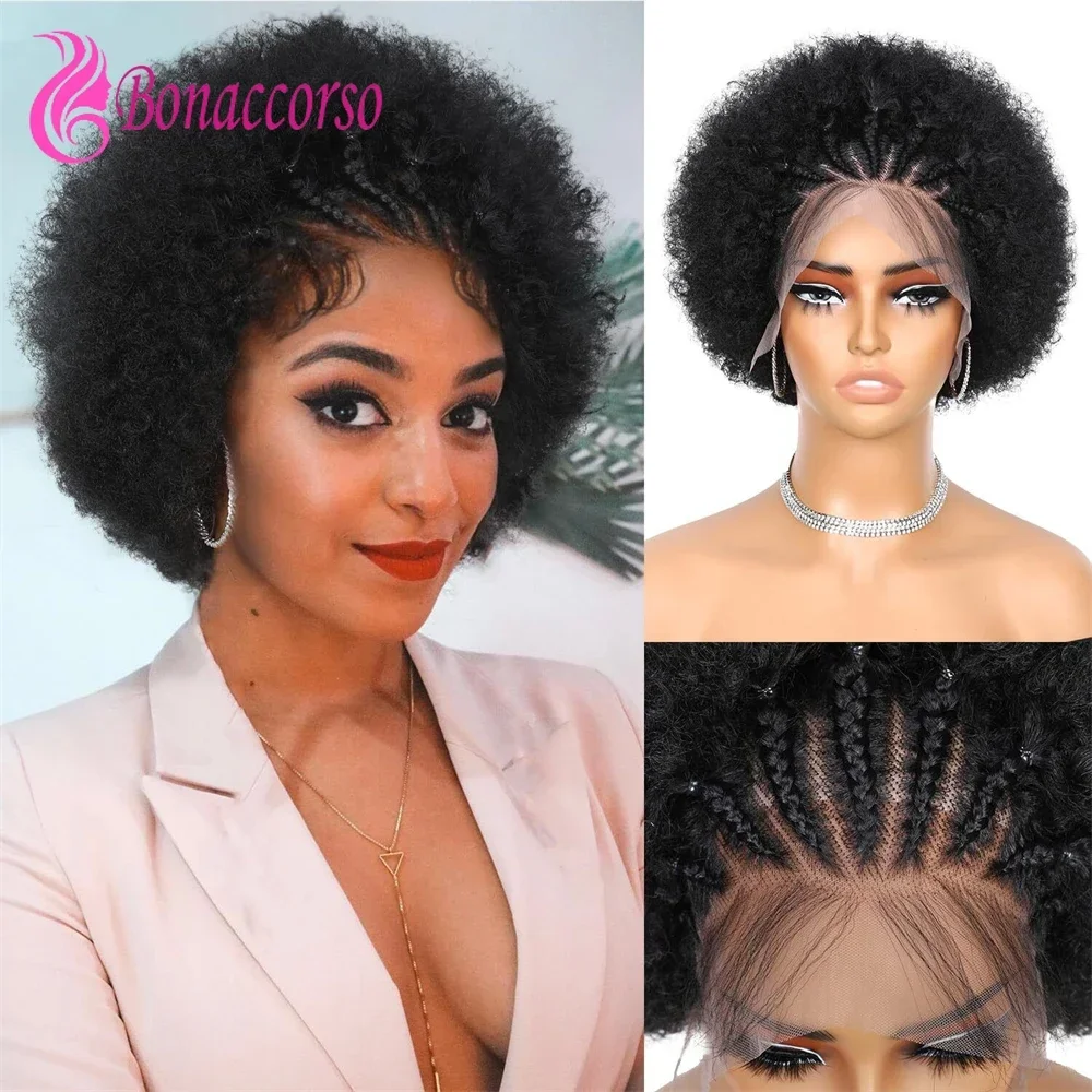 Peruca Afro Kinky Curly para Mulheres, Trançado com Renda, Cabeça Explosiva, Peruca Sintética Curta Encaracolada, Peruca de Cabelo do Bebê, Uso Diário, Densidade 250%, 13x4