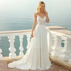 Boho Wedding Dress Spaghetti Straps Sleeveless Beach and Seaside Bride  V-Neck Appliques Chiffon Floor Length Formal Gown