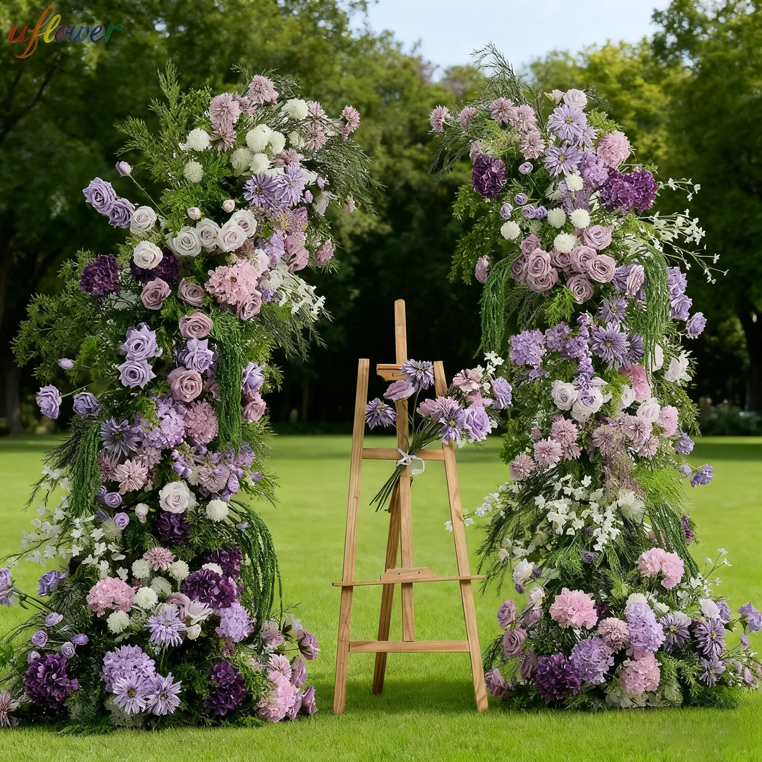 

Uflower Purple Rose Hydrangea Green Plant Wedding Backdrop Horn Arch Decor Arrangement Window Display Event Prop Flower Stand