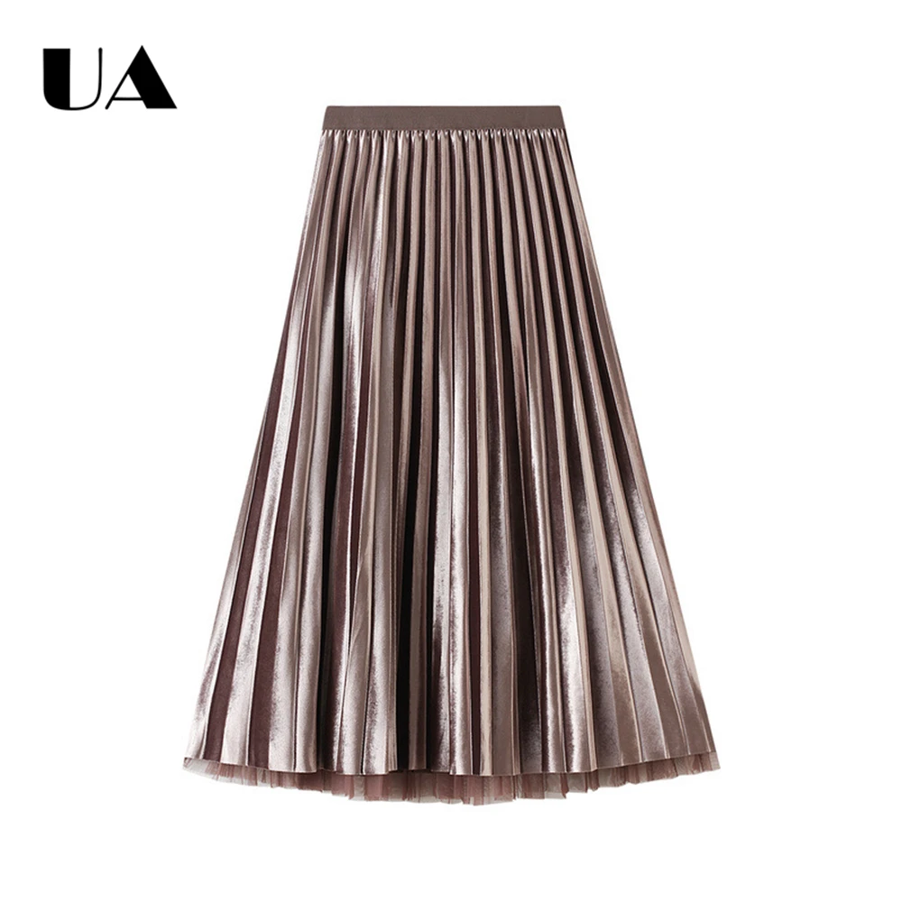 ULBYANRY Two Sided Wear Velvet Mesh Half Length Skirt for Women, High Waist A Line Skirts, Pleasted Women's 79cm Skirts