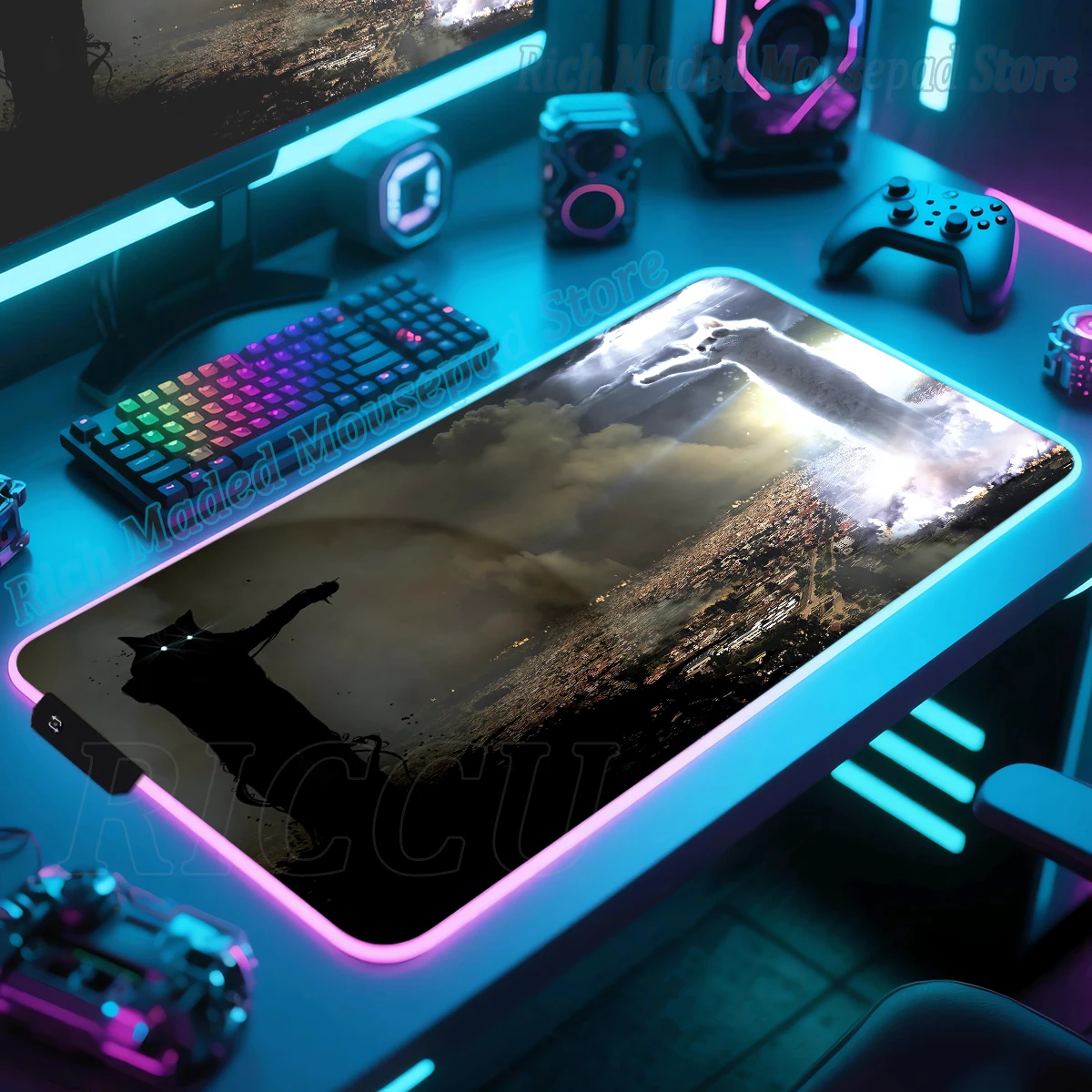 

RGB Gamer Mouse Pad Anime Interesting Cat Desk Mat XXL Gaming Mousepad Home Luminous PC Desktop Protector Mat 90x40 Table Mats