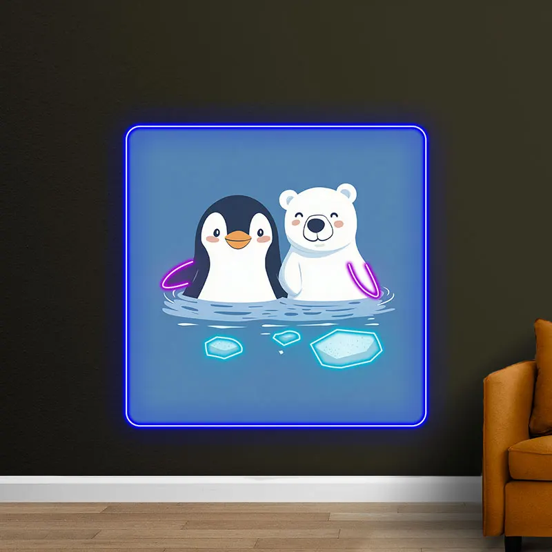 Penguin and Polar Bear Neon Light Sign - Adorable Arctic Friends Design, Perfect for Kids' Rooms, Nurseries & Cute Winter Decor