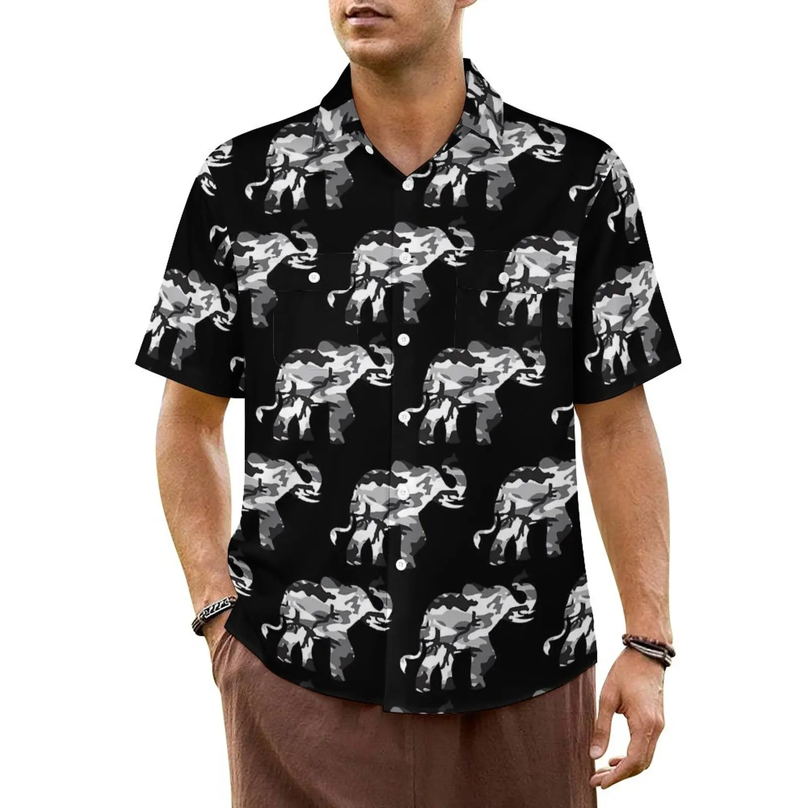 Hawaiian Shirt Vacation Cute Elephant Blouses Grey Camouflage Elegant Casual Shirts Men Short Sleeve Streetwear Oversize Clothes