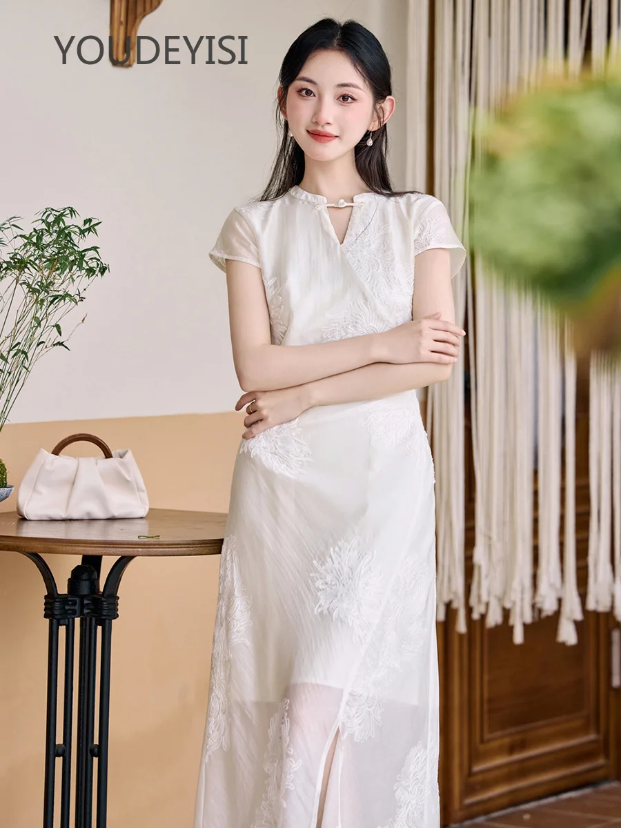 

YOUDEYISI New Chinese Fairy White Embroidery Dress Women's Summer Temperament Slim A-Line Long Skirt Cheongsam