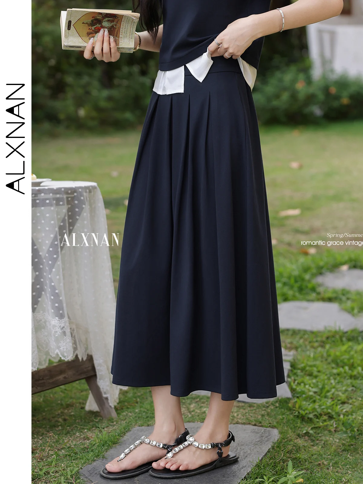 ALXNAN Women's Skirt Navy Elegant Long A-line Cotton Skirt 2025 Summer Holiday Party Ladies Korean Popular Clothes L551117BSQ