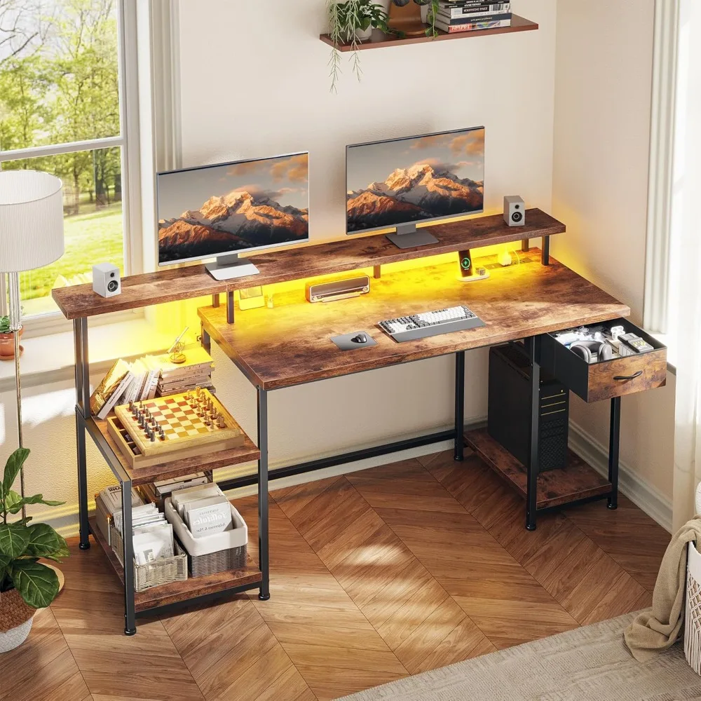 

Computer Desk, 55 Inch Gaming Desk with Led Lights & Power Outlet, Office Desks with Printer Storage Shelves & Storage Drawer, R