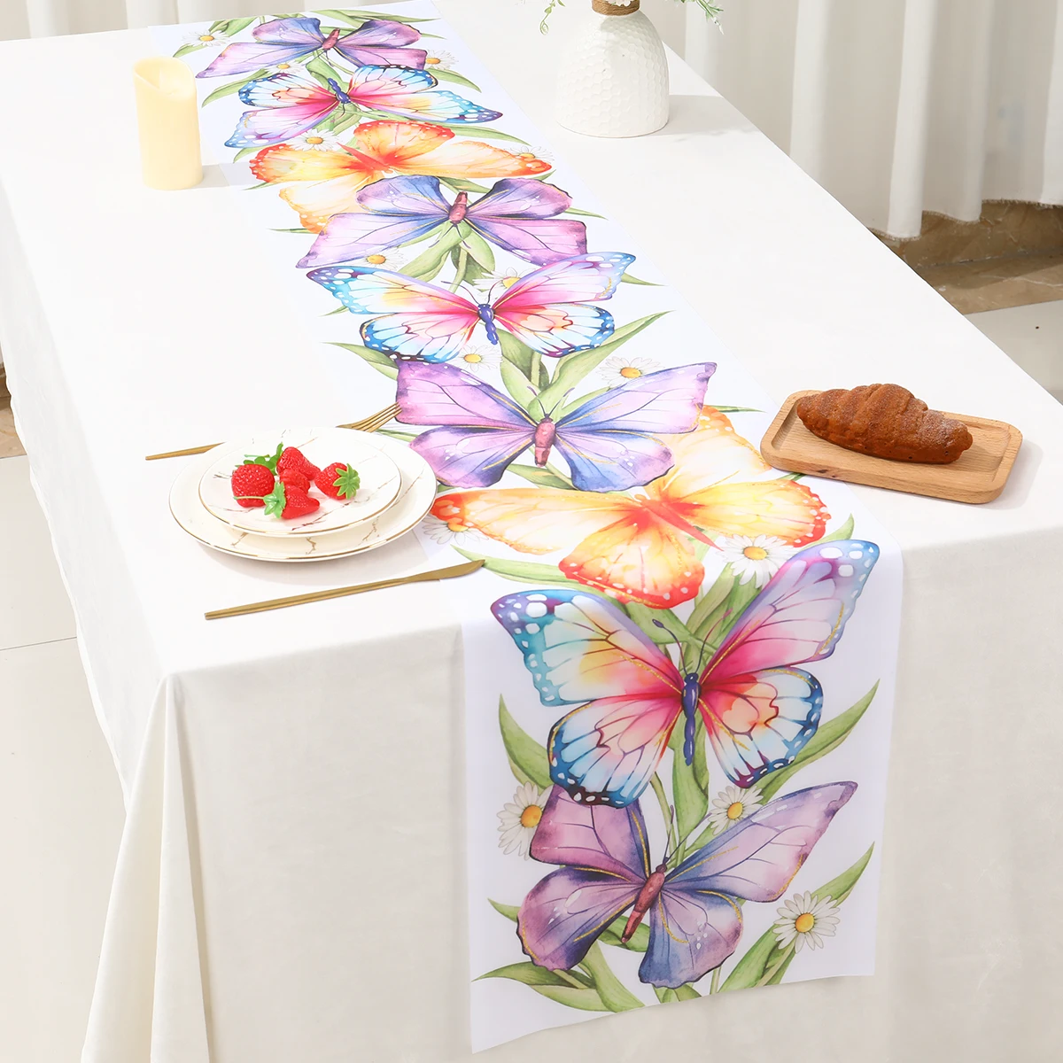 Spring Butterfly Daisy Sunflower Table Runner Washable Polyester Home Party Decoration Dining Table Party Accessories Decor