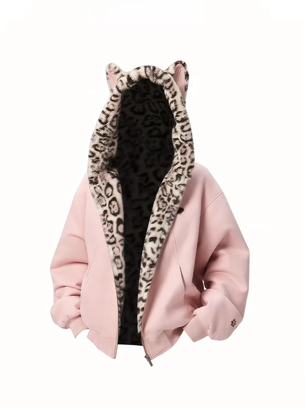 

Милая толстовка с кроличьими ушками, теплая, осенне-зимняя, с леопардовым принтом, на молнии, женская, повседневная верхняя одежда