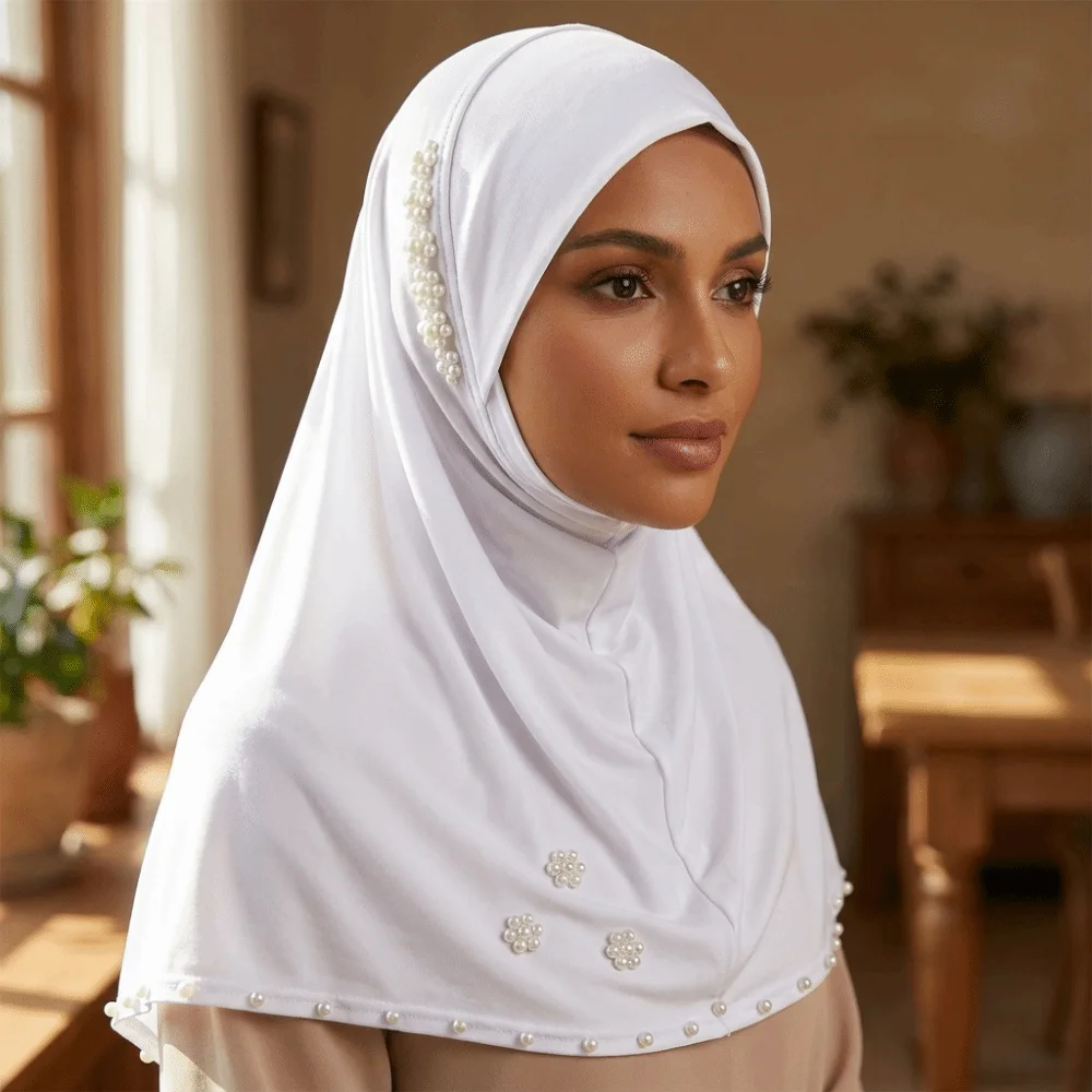 

Breathable Imitation Pearl Beads Bonnet Hijab Easy Wear Solid Color Instant Stretch Head Scarf Comfortable Pearl Flower