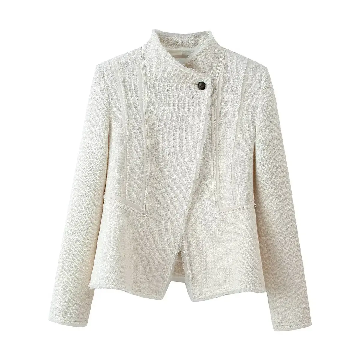 White Stand Collar Raw Edge Blazer One Button Irregular Front Flared Hem Long Sleeve Women Streetwear Cropped Coat Jacket 260801