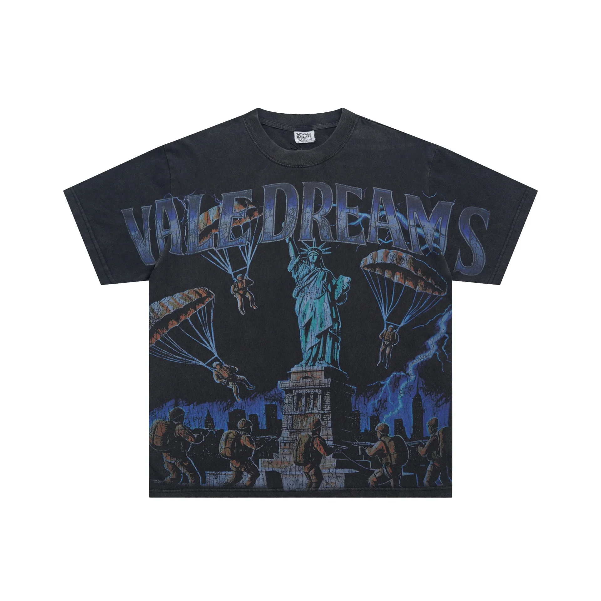 VALE FOREVER Retro American Graphic Portrait Printed Distressed Oversized T-shirt, Gender Neutral