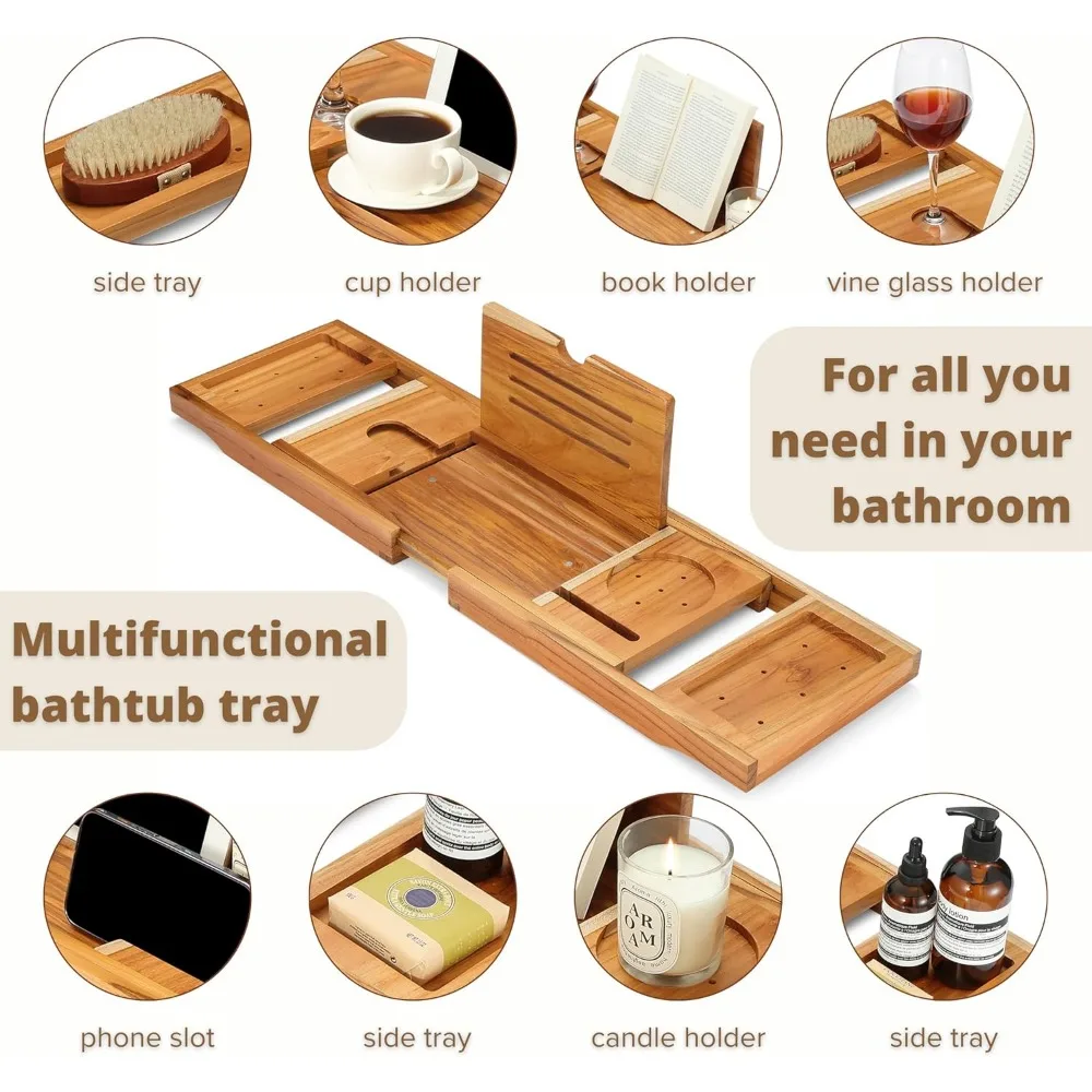 

Expandable Teak Bathtub Tray Caddy, Luxury Bath Organizer with Wine Glass Slot, Perfect Spa Gift for Home Relaxation