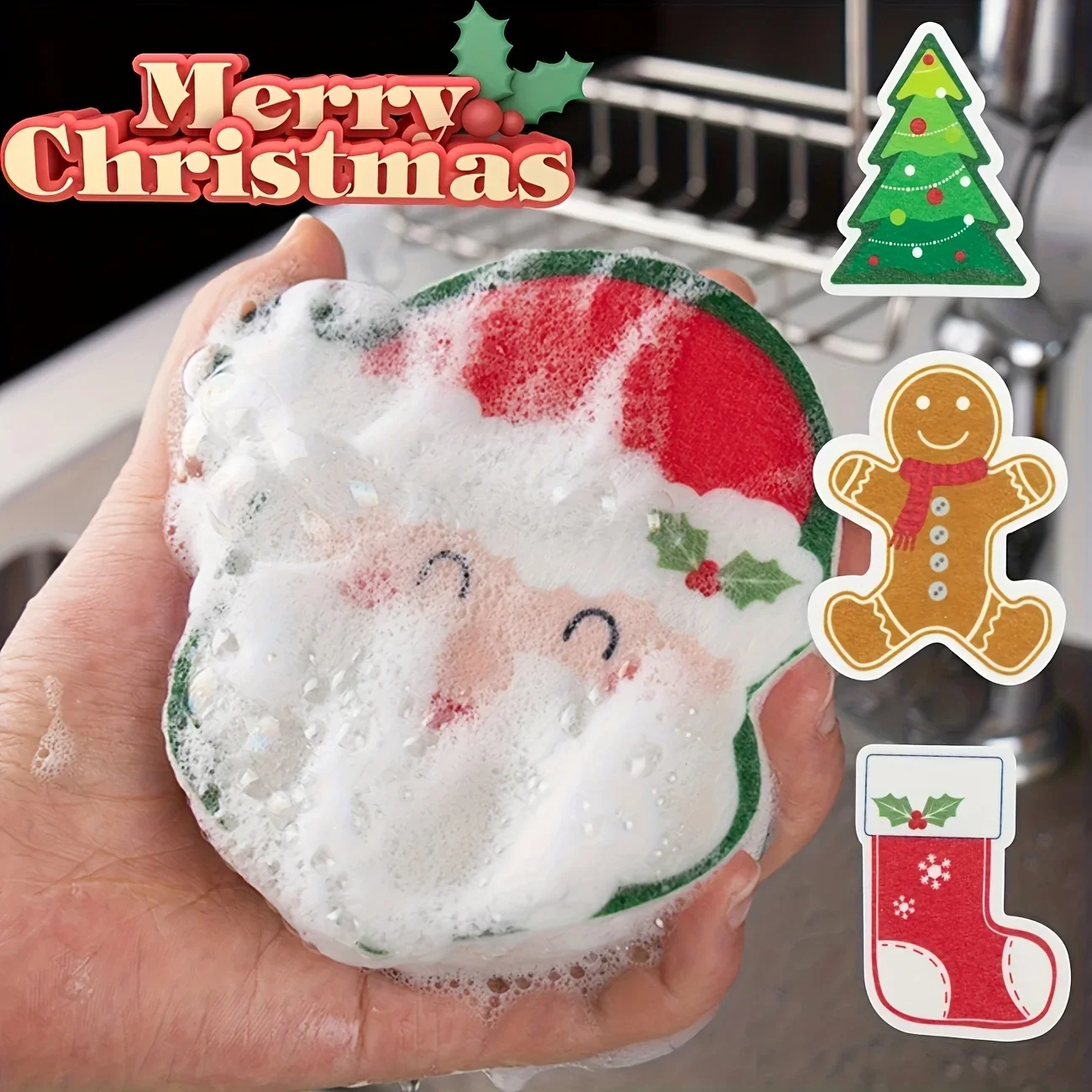 Christmas Cleaning Sponge Household Scrub Pad Kitchen Wipe Cloth Dishwashing Sponge Tableware Cleaning Towel Accessory Tools