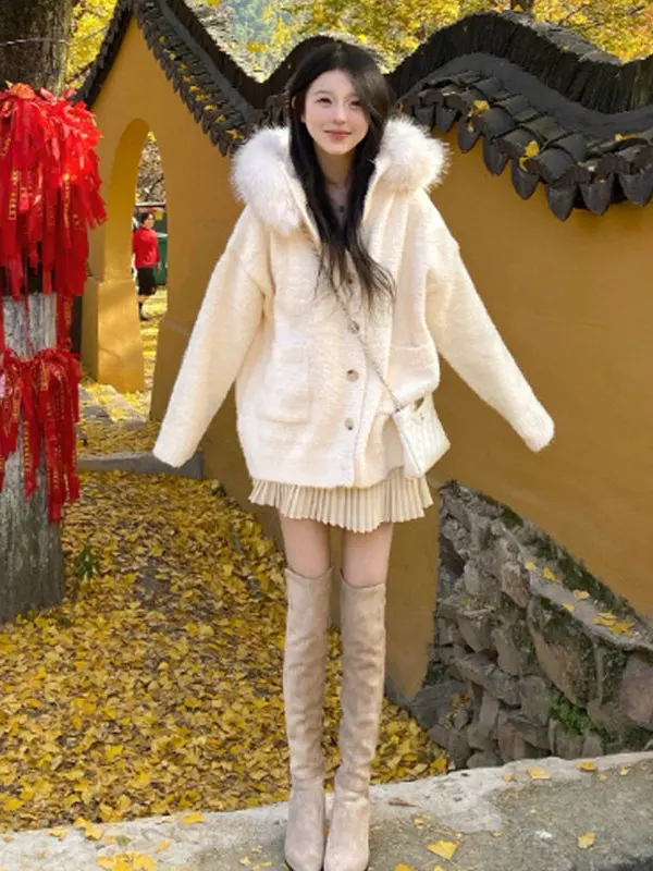 

Laid-ba Sle Oversized Hoodie Sweater Coat Korean Loose Fit Winter Faion Women's Top Button Detail Long Sve Crew Ne