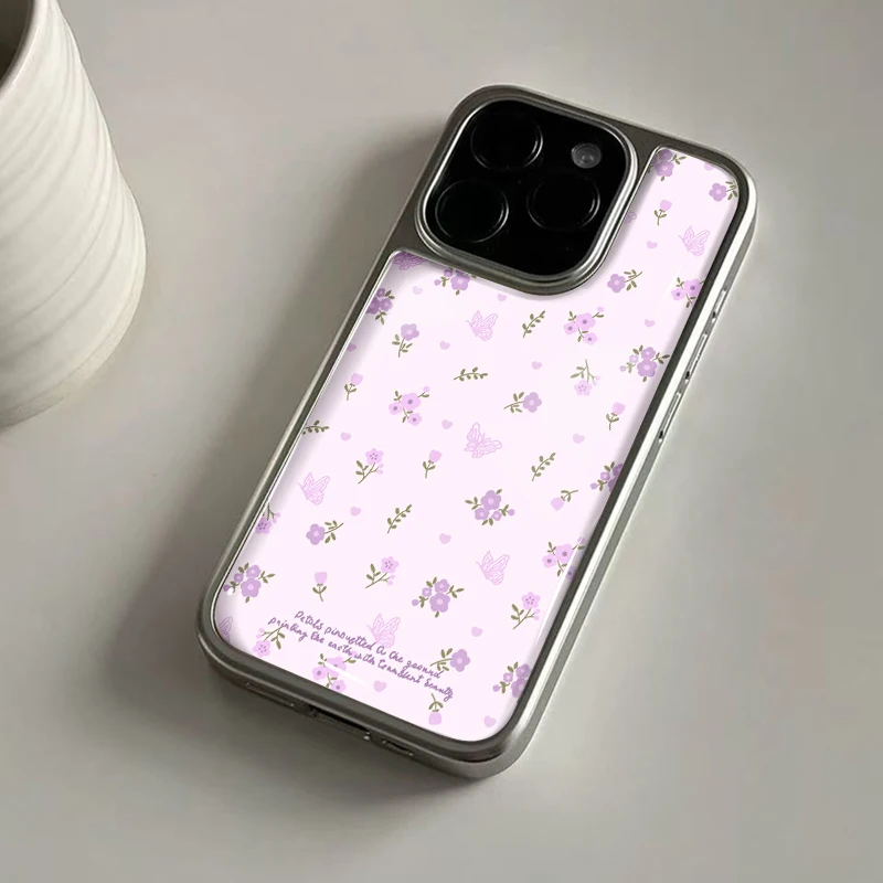 Ins Lila Blumen Lila Schmetterlinge Hydrogel-Rückplatte Silber Rand stoßfeste Handyhülle für iPhone 17 16 15 14 Pro Max