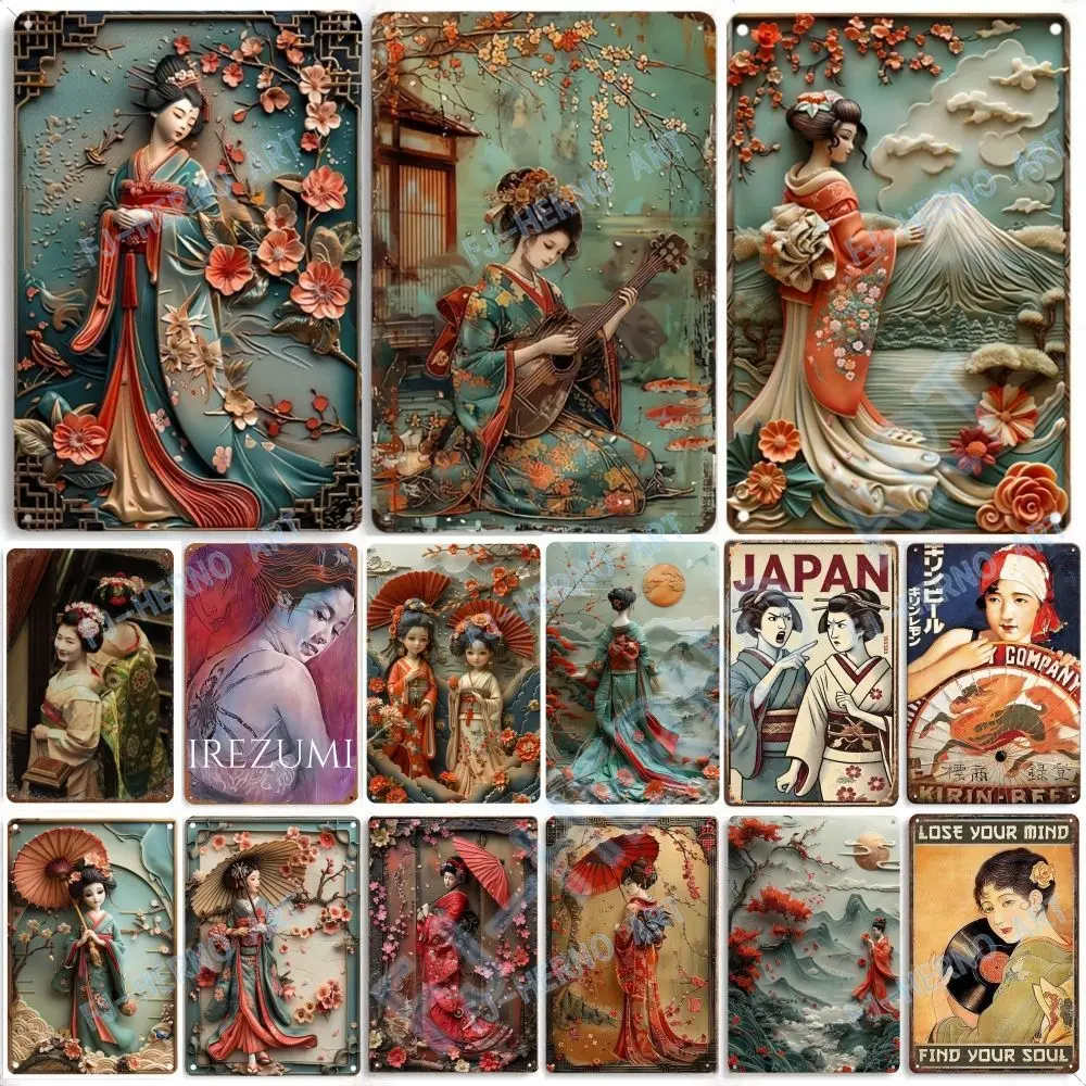 Vintage 3D Japanese Kimono Posters Metal Tin Sign Plaque Decorative Plates for Club Man Cave Bar Home Hotel Cafe Wall Decor