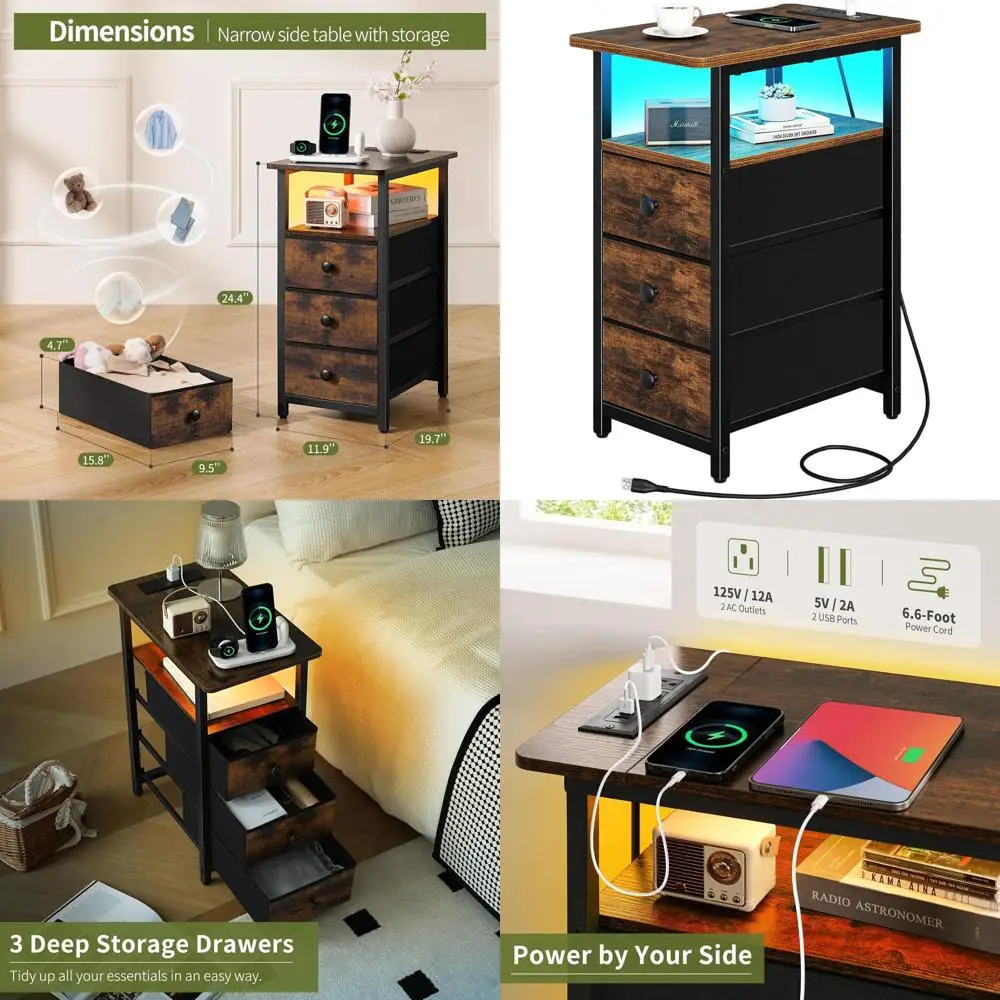 

LED-lit Charging Station Nightstand with Fabric Drawers for Small Spaces
