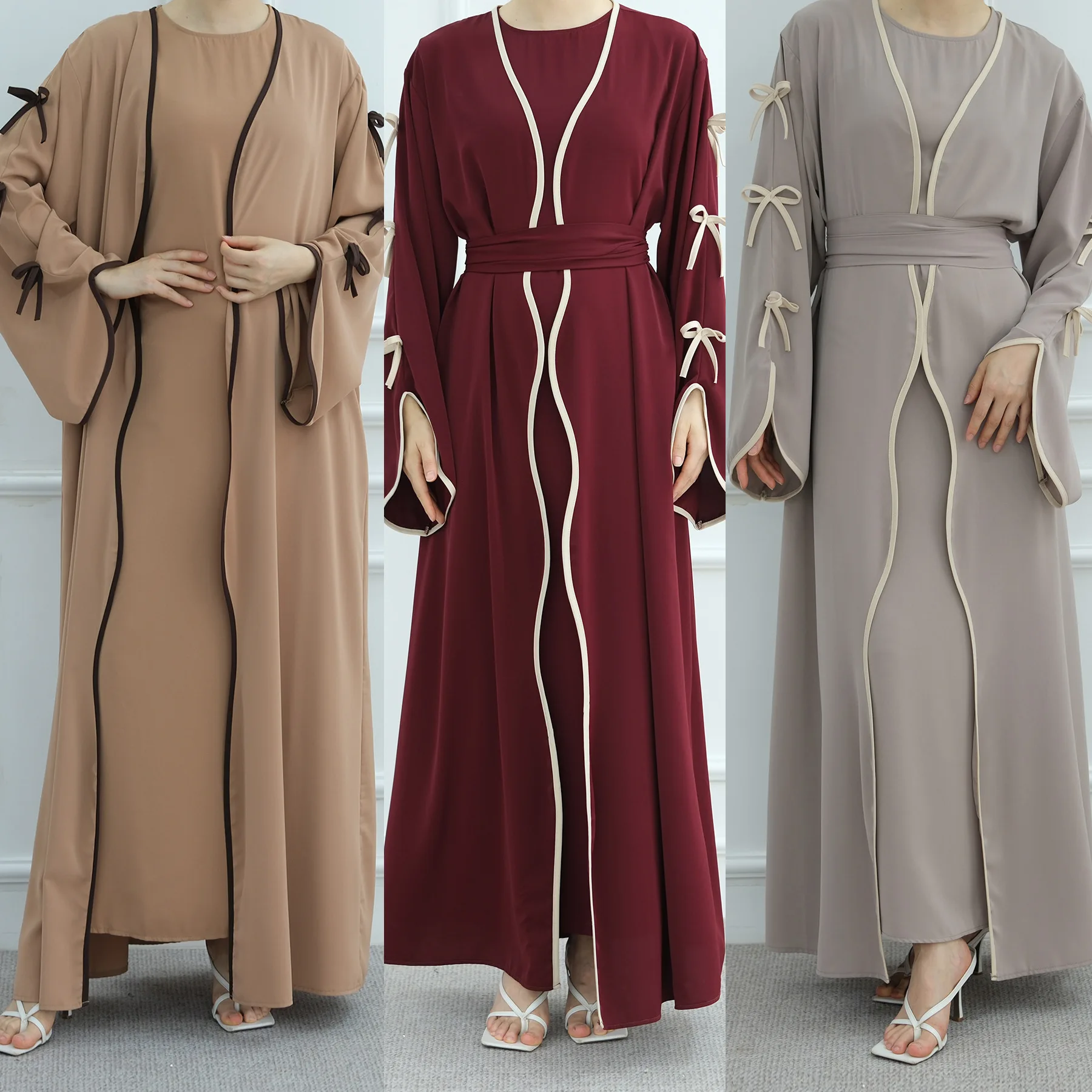 Burgundy Islamic Muslim Set Open Abaya +inner Dress Suit  Middle East Muslim Ladies Bow Details Inner Layer Ramadan Saudi Suit