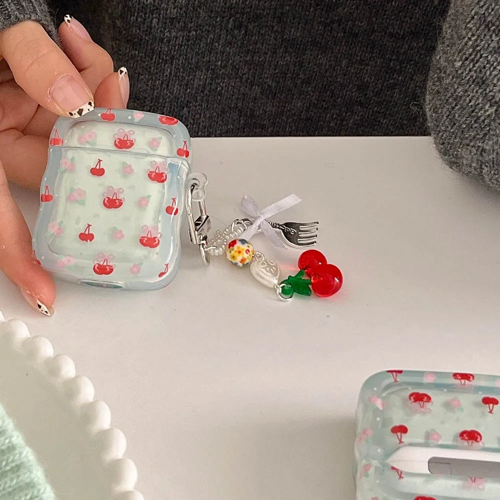 Korea INS Fresh Flower Cherry Pendant Keychain Case For Apple AirPods Pro 2nd Air Pods 4 1 3 Wavy Earphone Protective Box Cover