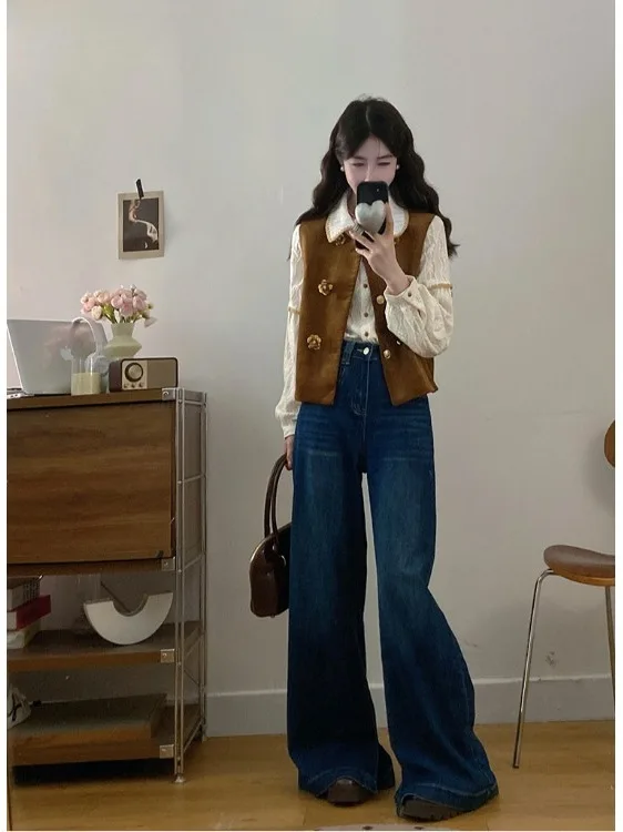 

Retro plus Size Women's Fashion Set with Long Sleeve Shirt Sleeveless Vest High Waist Jeans Autumn Winter New Design Sense