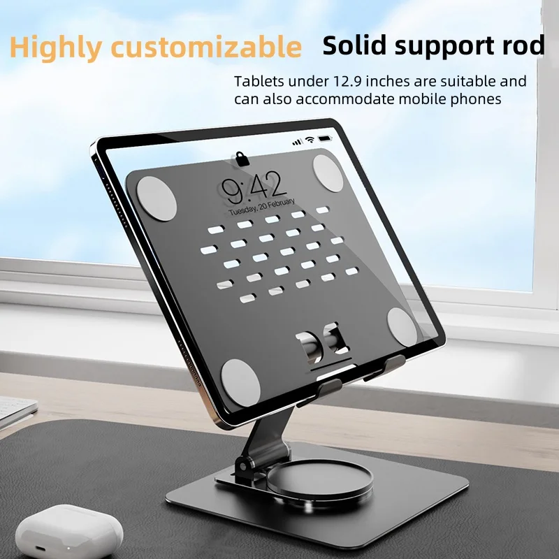 Tablet Stand Holder for Desk, Swivel iPad Stand with 360 Rotating Base, Carbon Alloy Foldable Desktop Stand Holder