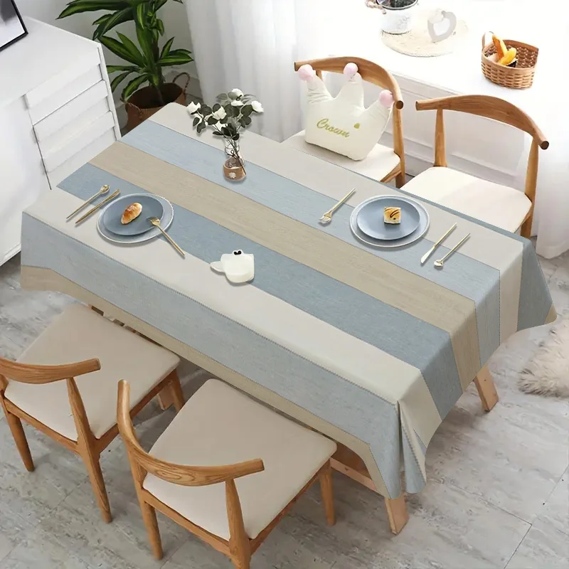 2D Flat Tablecloth - 1 piece - Soft, fashionable and beautiful blue, white and beige striped tablecloth.