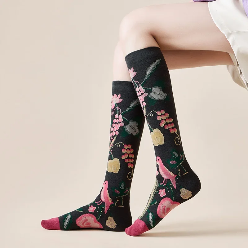 Medium and high tube calf and knee socks French ins style retro illustration literary abstract street fashion cotton socks