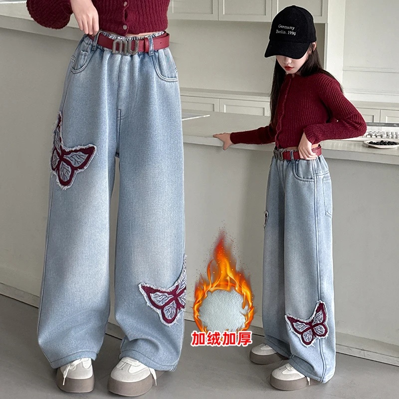 4-14 winter teen girls Thick velvet jeans belt set junior butterfly Wide leg pants children floor trousers calca jeans infantil