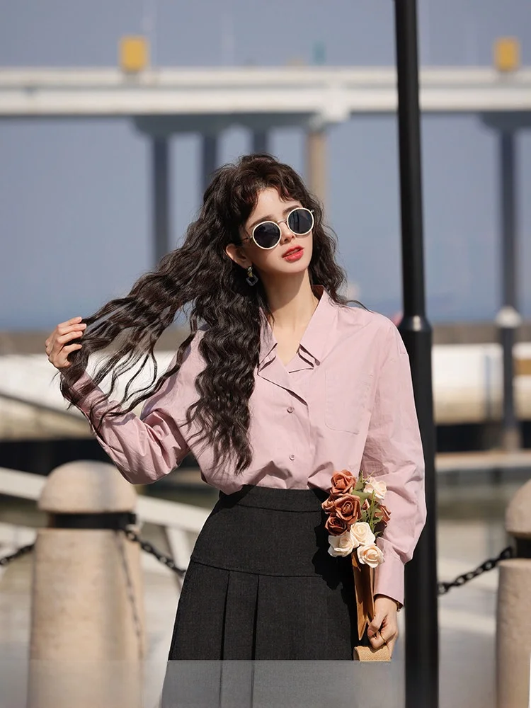 Camisa Holgada de Manga Larga para Mujer, Estilo Hong Kong, Color Puro, Diseño Sensacional, Efecto Adelgazante, Sabor a Patata y Taro